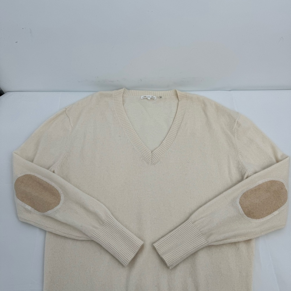 Minnie Rose Sweater Men’s M Beige Cashmere Elbow Patches V-Neck Long Sleeve
